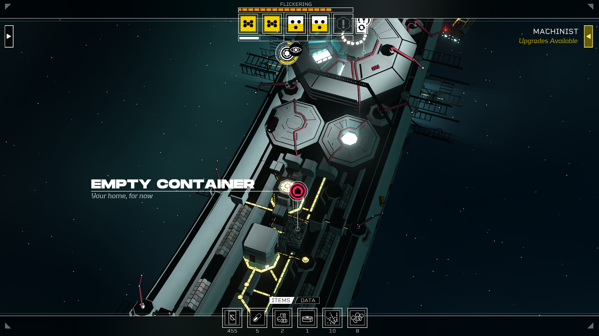 A section of an overhead map of a ring-shaped space station. One section is labeled 'Empty Container.' There are dice along the top of the screen.